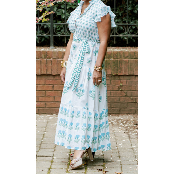 OLIPHANT Ruffle Collar Button Maxi Dress Blue White Block Print Tuckernuck M - Picture 3 of 9